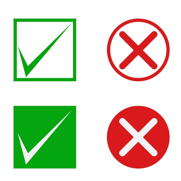 Yes or no check mark. Mark icon button box frame green tick and red cross sign. Vector illustration.