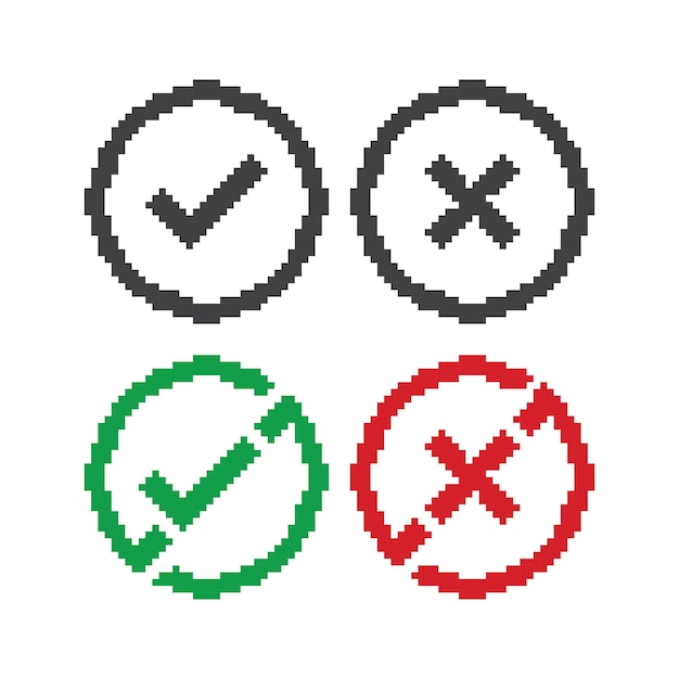 Vector yes or no cross and check mark pixel art 8 bit vector icon illustration