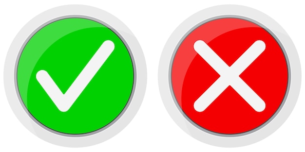 Да и никакой векторный набор иконок на белом фоне. Отметьте «да» или «нет» круглый знак красного и зеленого цвета. Коллекция значков галочки. Отметьте и крестик кнопки. Плоский дизайн иллюстрации шаржа.