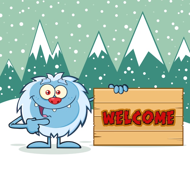 Vettore yeti cartoon character che punta a un segno di benvenuto