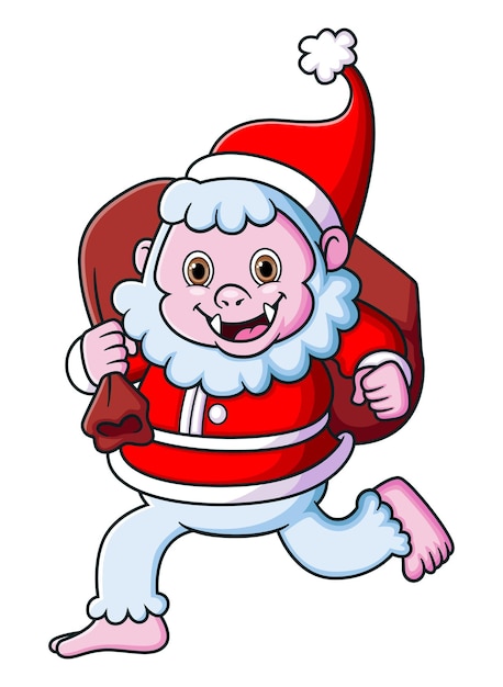 Yeti running with santa costume and holding a bag