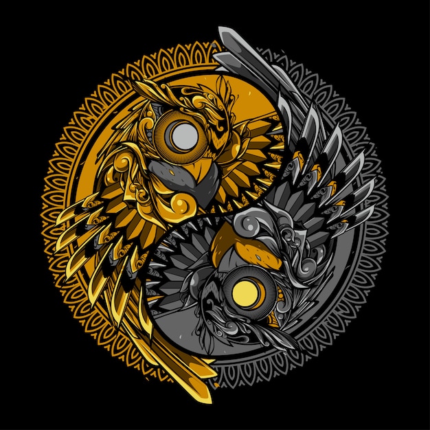 Yin yang owl doodle ornament illustration and tshirt design