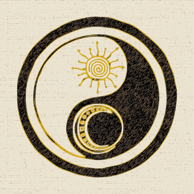 Vector yin yang-symbool, cultuur en filosofie van het oosten, chinees taoïsme, vectortekening in grungestijl