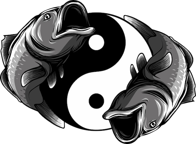 Ying yang symbol of harmony and balance Hand drawn outline Koi fish vector illustration