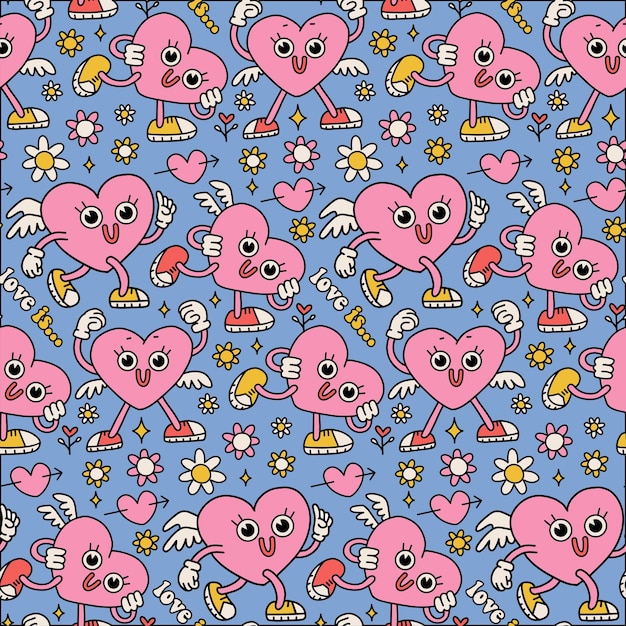 Yk pink and blue valentines day semless pattern heart characters with floral hippie elements in tren