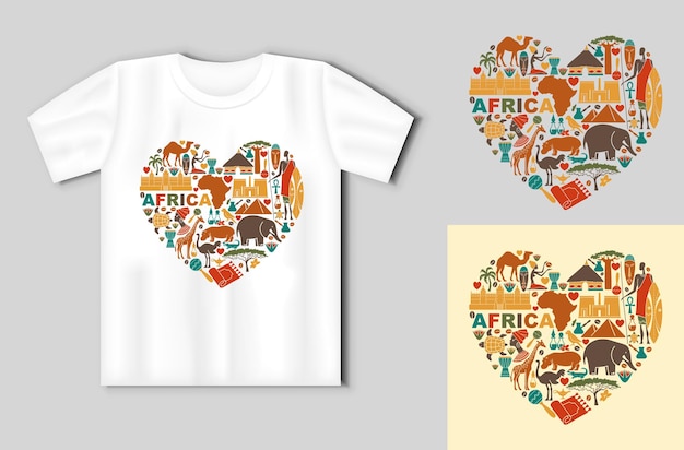 Ymbols of Africa in the form of heart Travel concept with tshirt mockup Vector Illustration