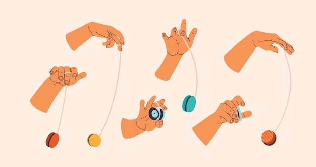 Vector yo-yo toy seamless pattern. endless repeating print of hands in various poses while rotating yo-yo.