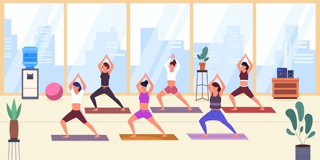 Yoga aerobics class funny meditate exercise with fitness coach physical retreat pranayama women active pilates group sport gym scuola zen buddhist garish vector illustration