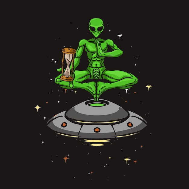 Yoga aliens die de oude klok illustratie houden