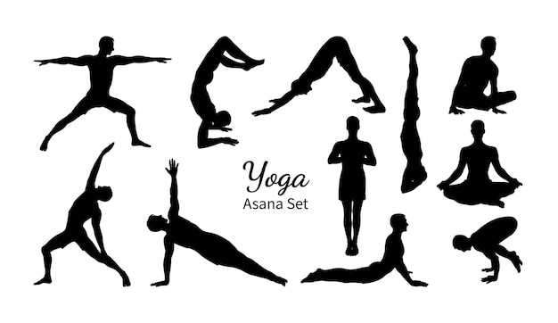 Vector yoga asana set set van mannelijke silhouetten die yoga uitoefenen hand getrokken schets vectorillustratie