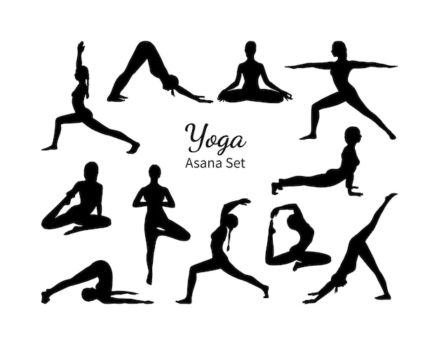 Vector yoga asana set set van vrouwelijke silhouetten die yoga uitoefenen hand getrokken schets vectorillustratie