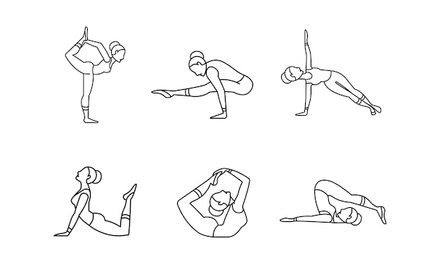 Vector yoga asanas linear icons set girl practicing yoga collection of yoga poses vector illustration isolated on a white background