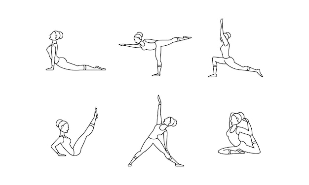 Yoga asanas linear icons set women silhouettes collection of yoga poses vector Illustration isolated on a white background