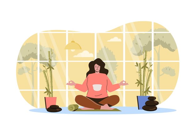 Вектор Йога дома веб концепция женщина медитирует сидя в позе лотоса практикует асаны