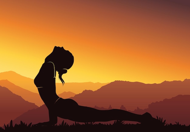 Vettore sfondo yoga silhouette di donna che fa yoga su illustrazione vettoriale di montagna