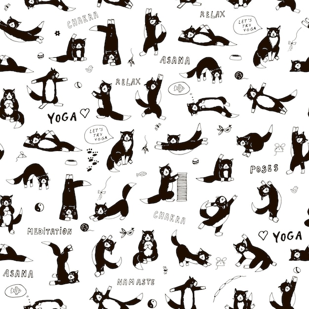 Yoga cats poses vector seamless pattern