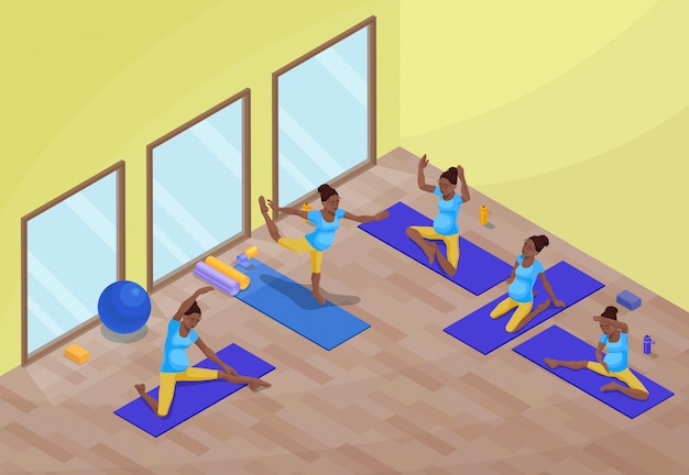 Vector yoga class interior with pregnant african woman