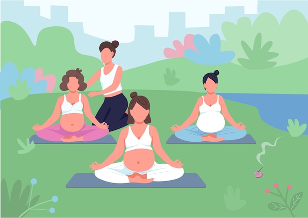 Classe di yoga all'aperto colore piatto. meditazione con allenatore nel parco. allenamento prenatale per il relax. personaggi dei cartoni animati di donne incinte 2d con paesaggio sullo sfondo