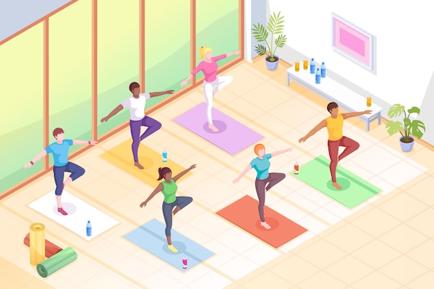 Yoga class people in poses on yoga mats fitness exercise isometric illustration women in yoga