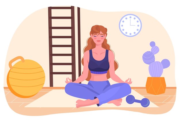 Yoga classes at home concept sporty woman sitting in lotus position female character engaged in