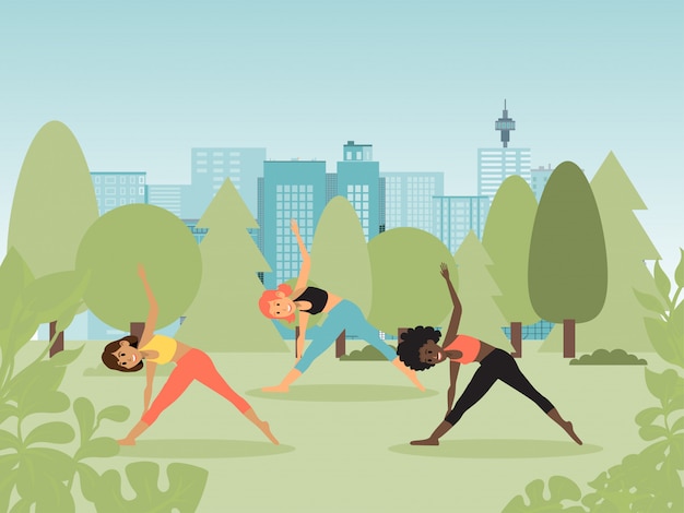 Yoga classes in nature, women do exercises, lead wholesome, healthy lifestyle, design, cartoon style illustration.