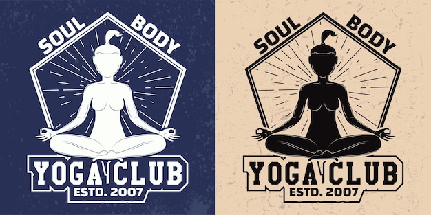 Yoga club logo abstract design vintage emblem Health Spa Meditation Harmony Logotype concept woman in lotus pose icon with grunge vector