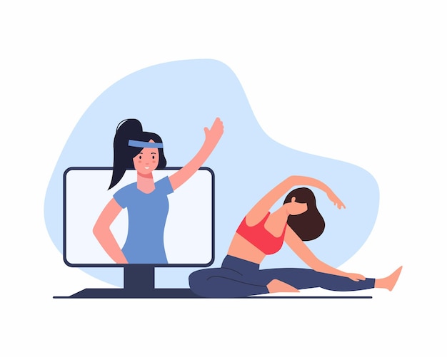 Vettore allenatore di yoga che dà lezioni di yoga online a casa tramite video call su computer esercizio virtuale