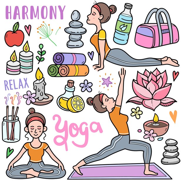 Vector yoga colorful vector graphics elements and doodle illustrations