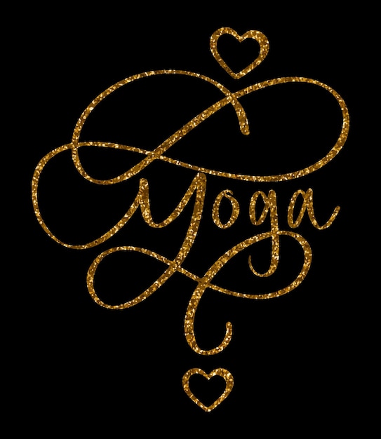 Il logo del design tipografico dell'iscrizione di yoga concept è scritto in glitter oro su sfondo nero