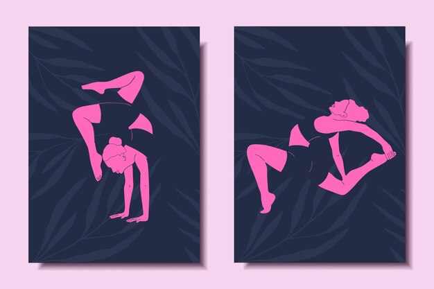 Vector yoga concept set posters met meisjes die yoga doen