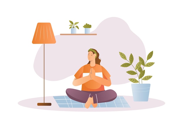 Yoga concept with people scene in the flat cartoon design A girl does yoga at home to relax
