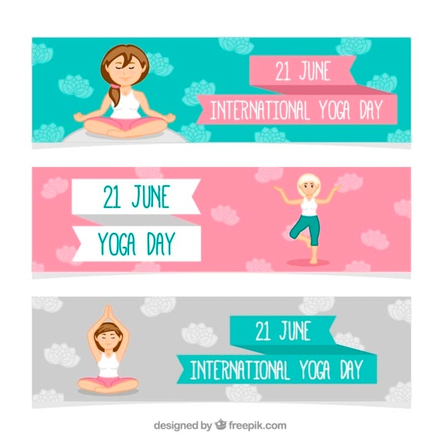 Vector yoga dag banners met vrouwen doen oefening