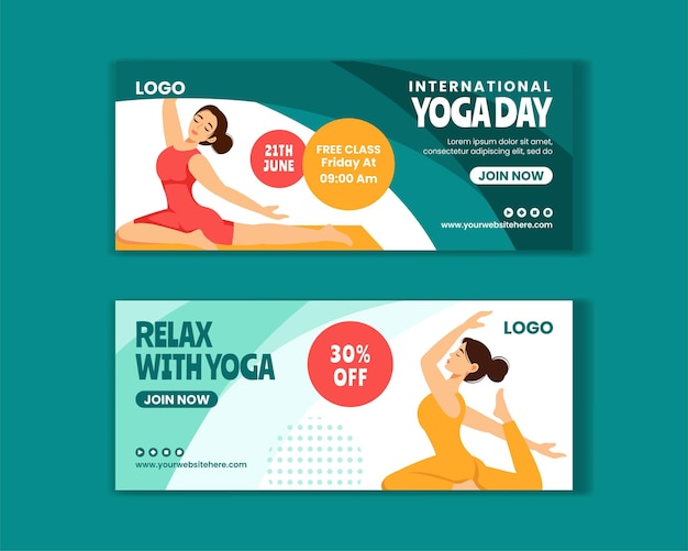 Vector yoga day horizontal banner flat cartoon hand drawn templates background illustration