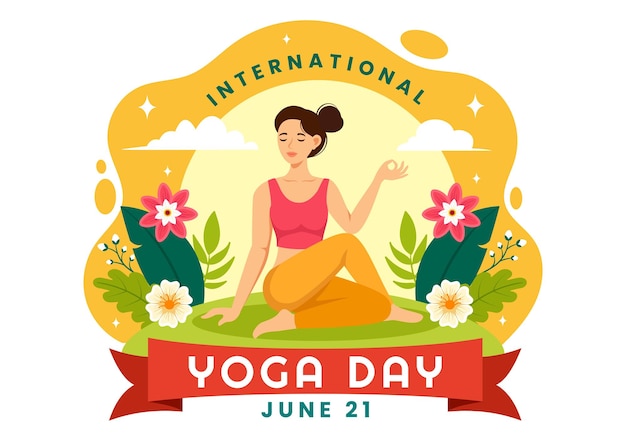 Vector yoga day illustration with woman doing body posture practice or meditation in healthcare design