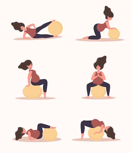 Yoga durante la gravidanza. raccolta di esercizi di fitness con fitball. donna che fa sport. concetto di assistenza sanitaria e sportiva. personaggio femminile di bellezza. illustrazione vettoriale in stile piatto