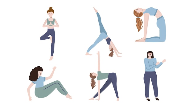 Yoga en fitness poses Jonge vrouwelijke personages die oefenen op een yoga mat Platte kleur illustraties