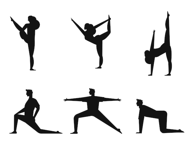 Yoga en fitness set cartoon geïsoleerde vector silhouet
