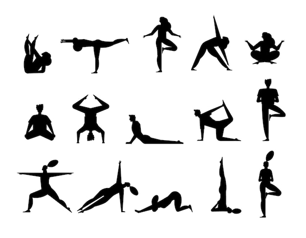 Yoga en fitness set cartoon geïsoleerde vector silhouet