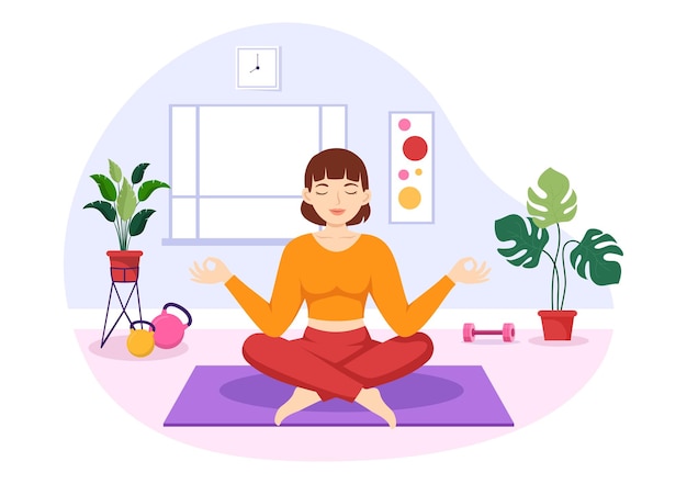 Yoga- en meditatiepraktijken Illustratie voor webbanner of bestemmingspagina in Cartoon Handgetekend