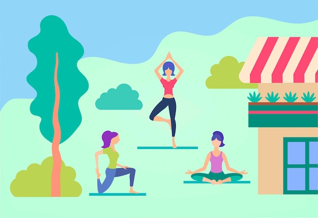 Esercizi di yoga le ragazze di formazione yoga eseguono esercizi di yoga illustrazione vettoriale