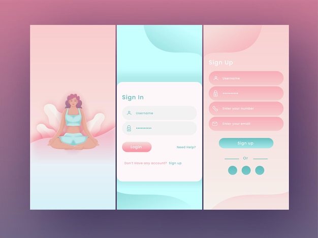 Yoga or fitness application splash screens including like as sign in, sign up for mobile ui