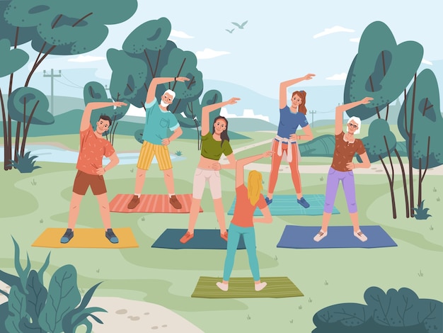 Vector yoga fitness classes in city park training people