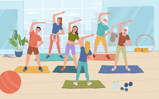 Вектор Уроки фитнеса йоги в спортивном зале тренировки женщин