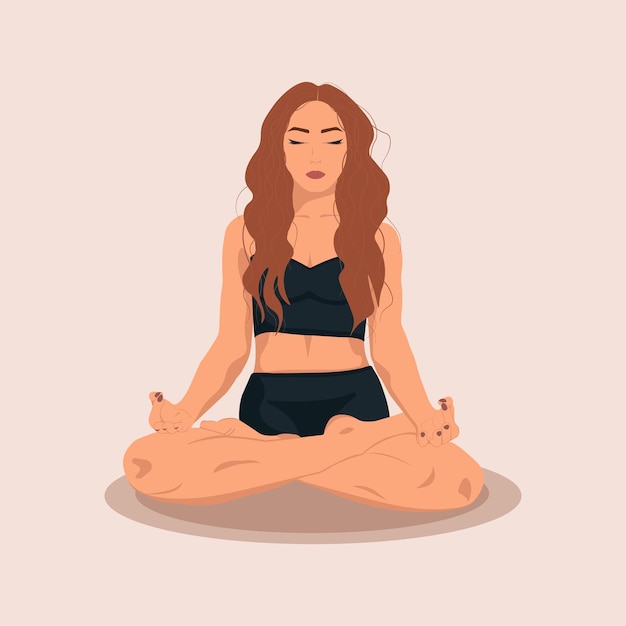 Vector yoga girl black clothes and red hair