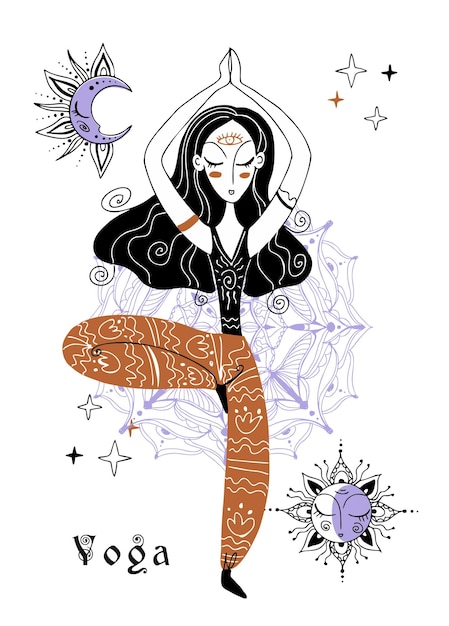 Yoga A girl in meditation Sky and moon Esoteric Vector