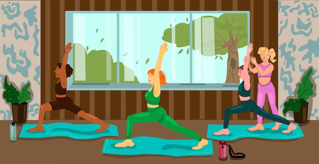 Yoga gym interior Sporty women training on yoga mats Girls different color of skin Healthy and active lifestyle concept Green trees outside the window backdrop Cartoon style Vector illustration