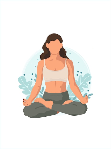 Yoga benefici per la salute del corpo, della mente e delle emozioni. bella giovane donna nella posa del loto, vettore piatto i