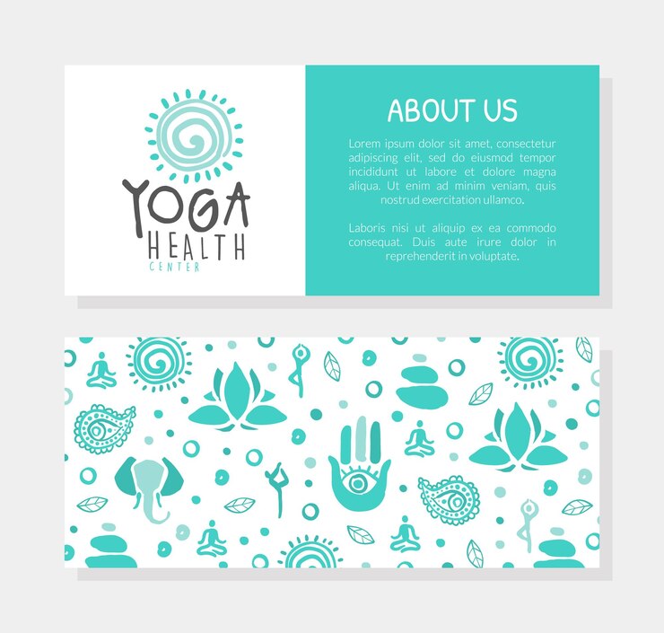 Вектор образец визитной карточки health yoga studio с передней и задней стороной и бесшовным рисунком аюрведа медитация класс и духовная практика ручная векторная иллюстрация