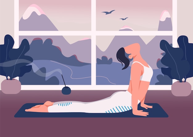Vector yoga at home flat color illustration