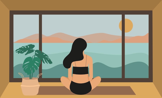 Вектор Иллюстрация йоги с девушкой, смотрящей на море